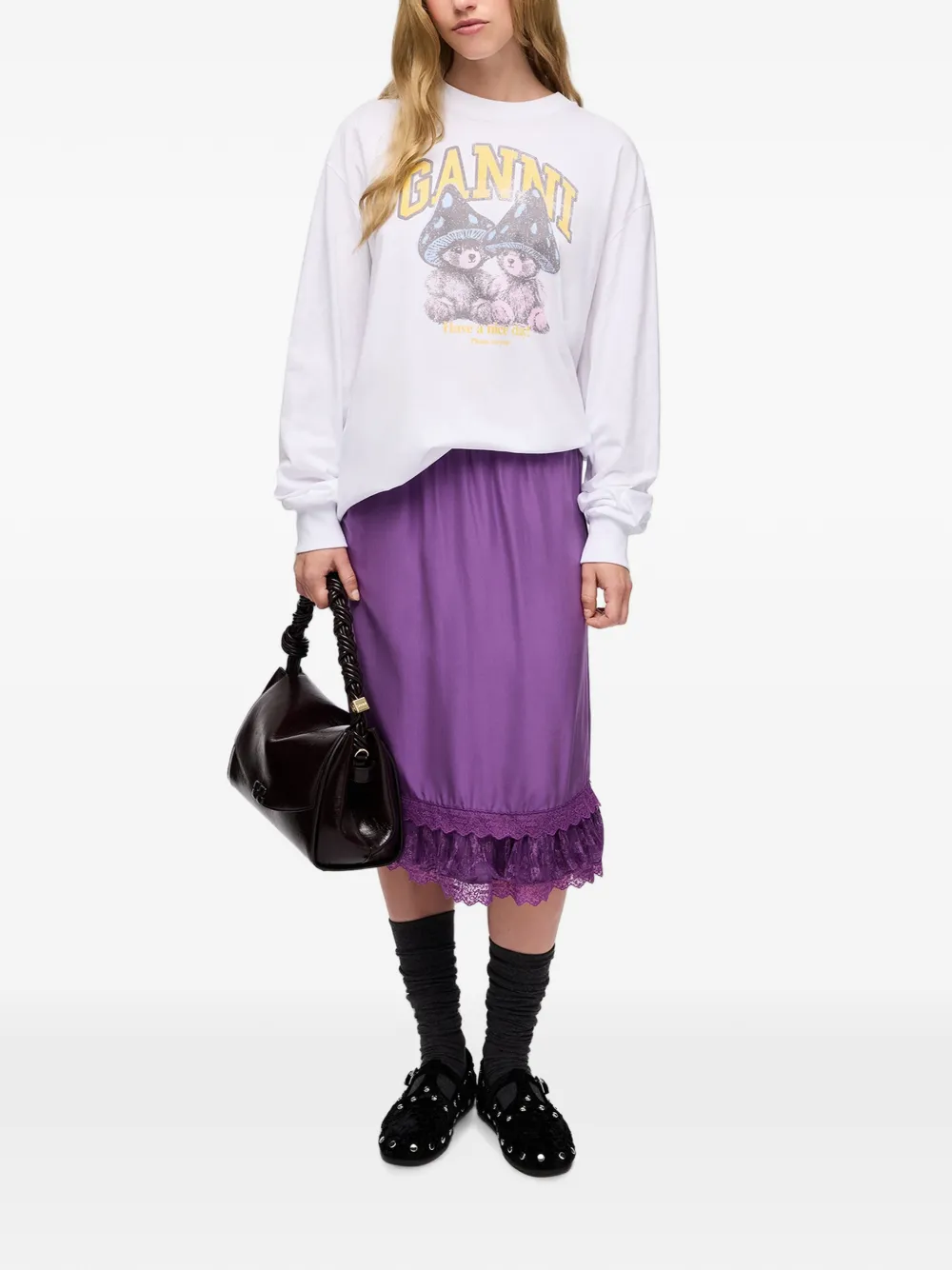 GANNI T-shirt met lange mouwen en Mushroom Teddy Wit