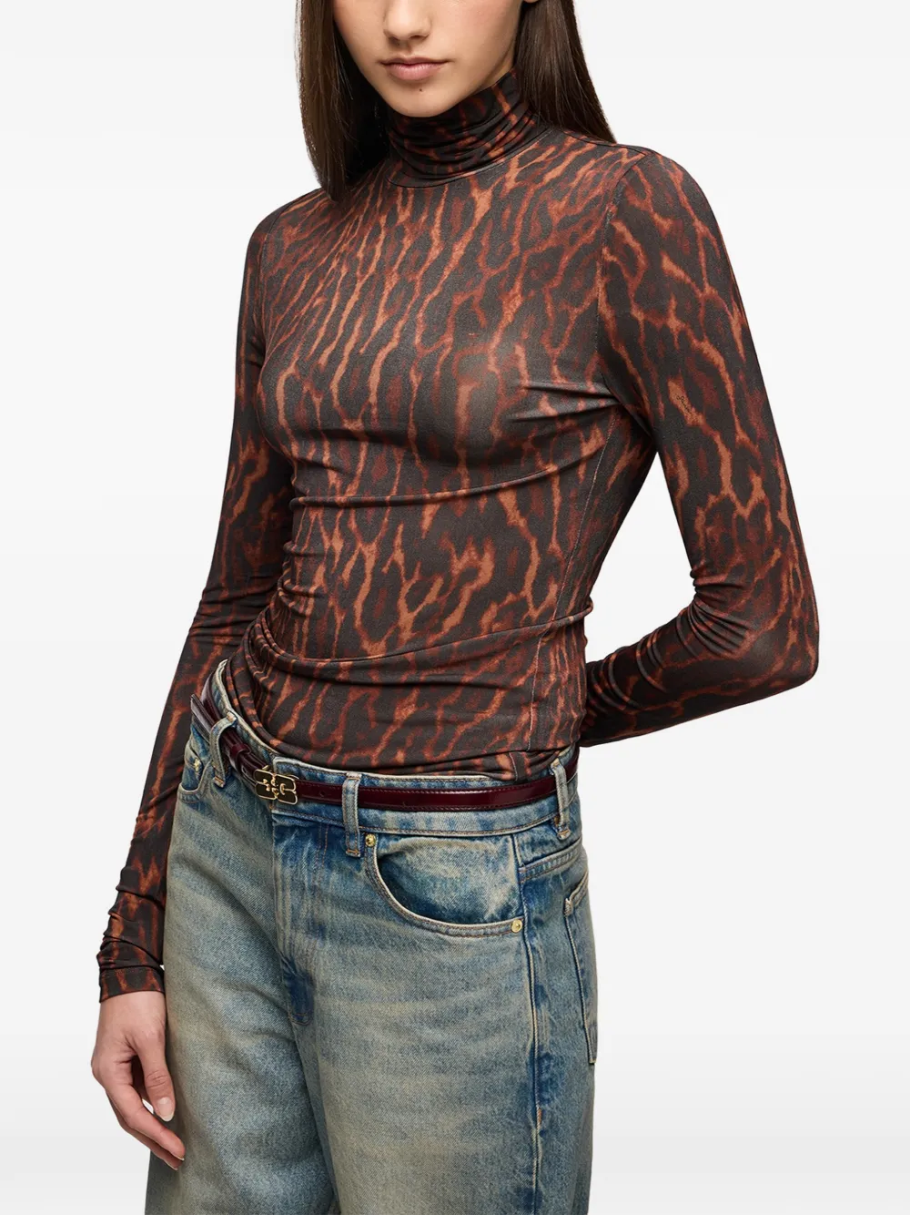 GANNI Jersey top met col en print Bruin