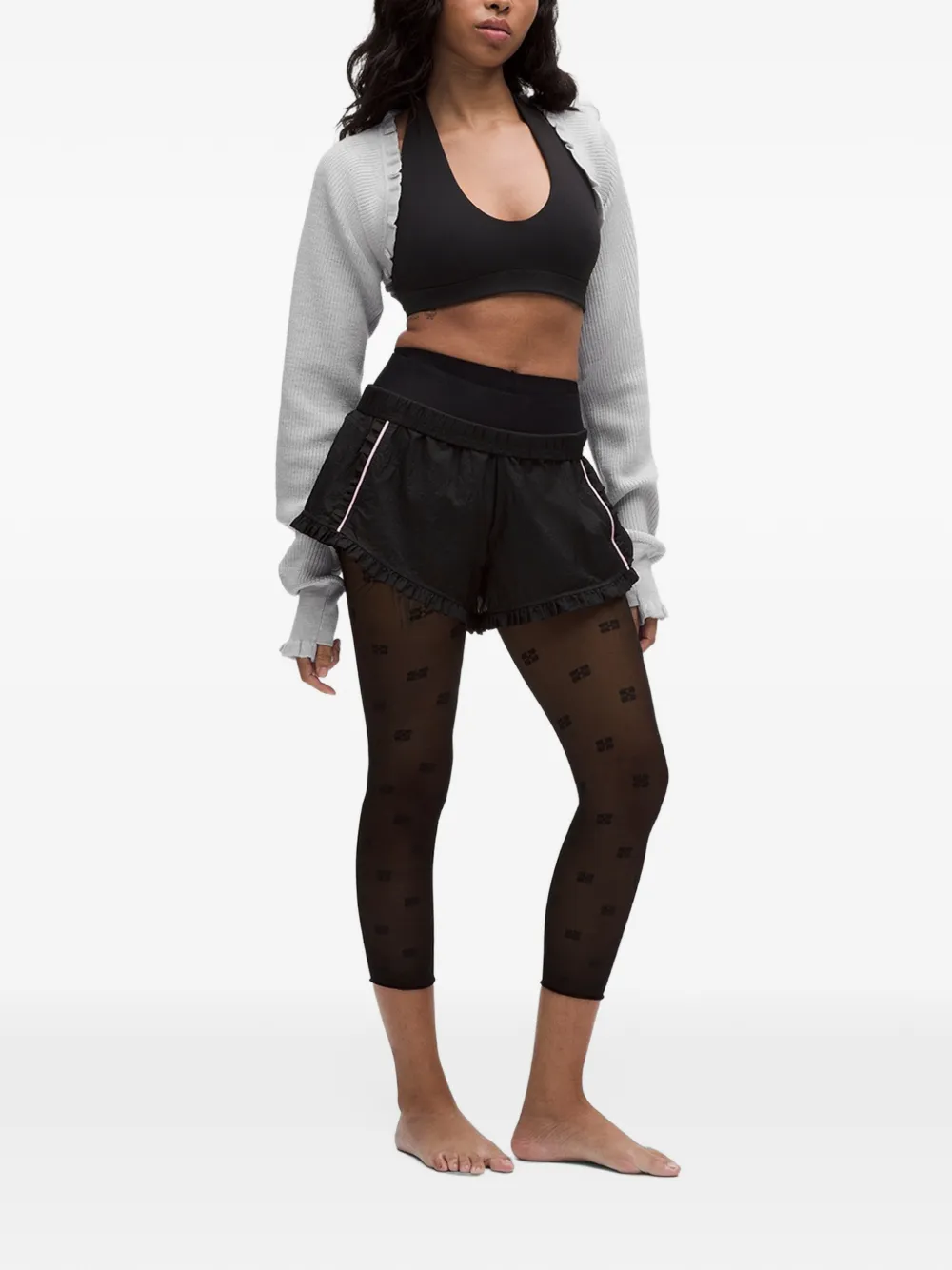 GANNI ruffle-trim ribbed cardigan Grijs