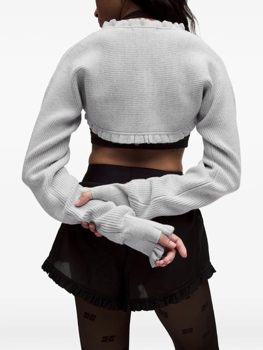 GANNI ruffle-trim ribbed cardigan Grijs