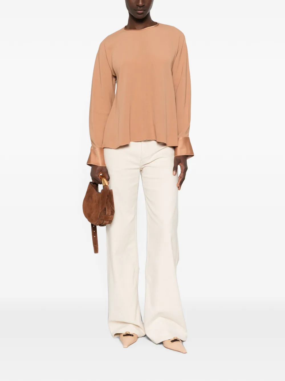 Forte Blouse met lange mouwen en satijnen manchetten Bruin