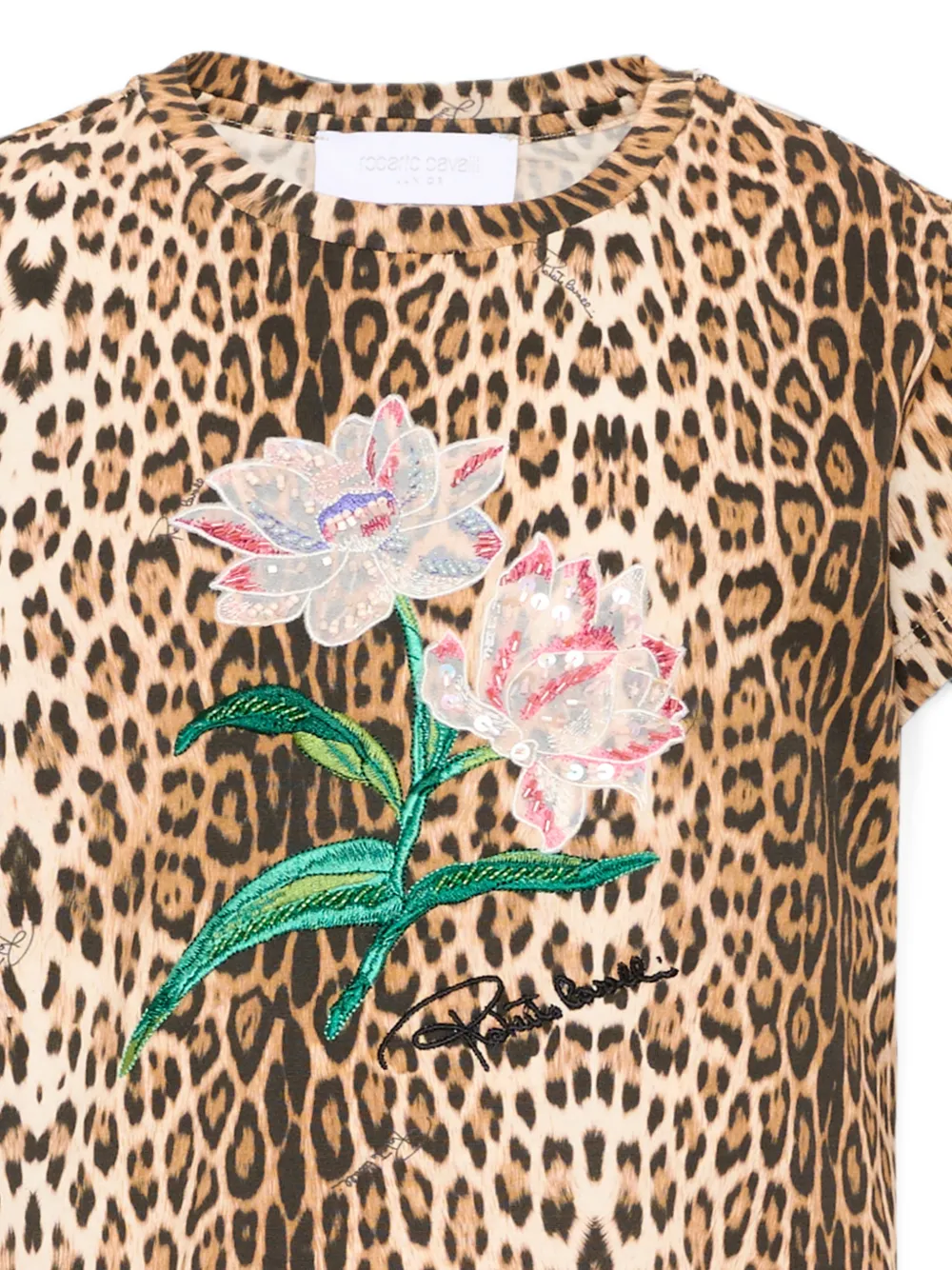 Roberto Cavalli Junior T-shirt verfraaid met pailletten en luipaard-print Beige