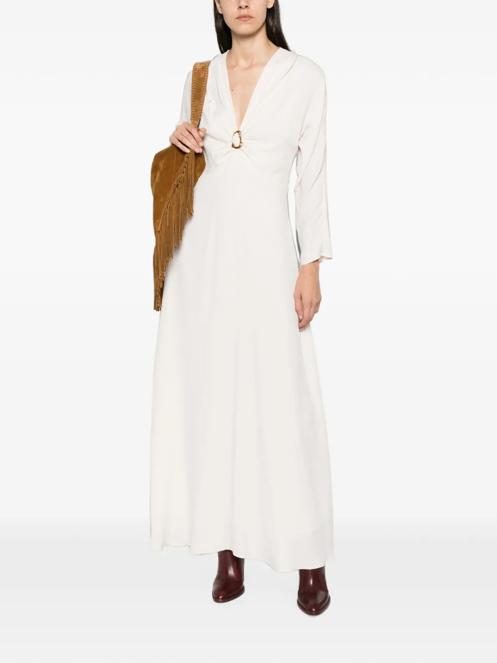 Forte Maxi-jurk met V-hals en gehamerde ring Beige