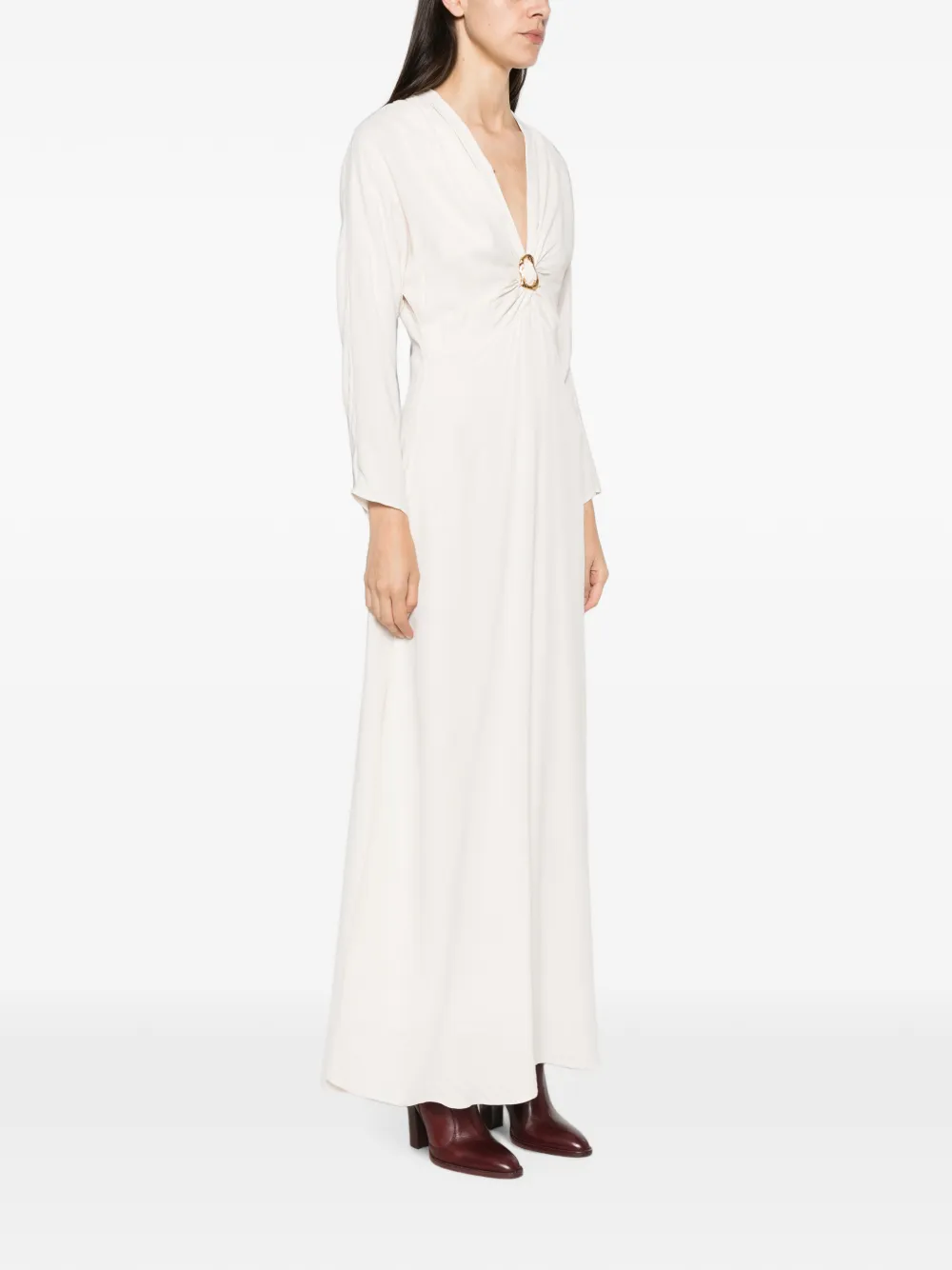 Forte Maxi-jurk met V-hals en gehamerde ring Beige