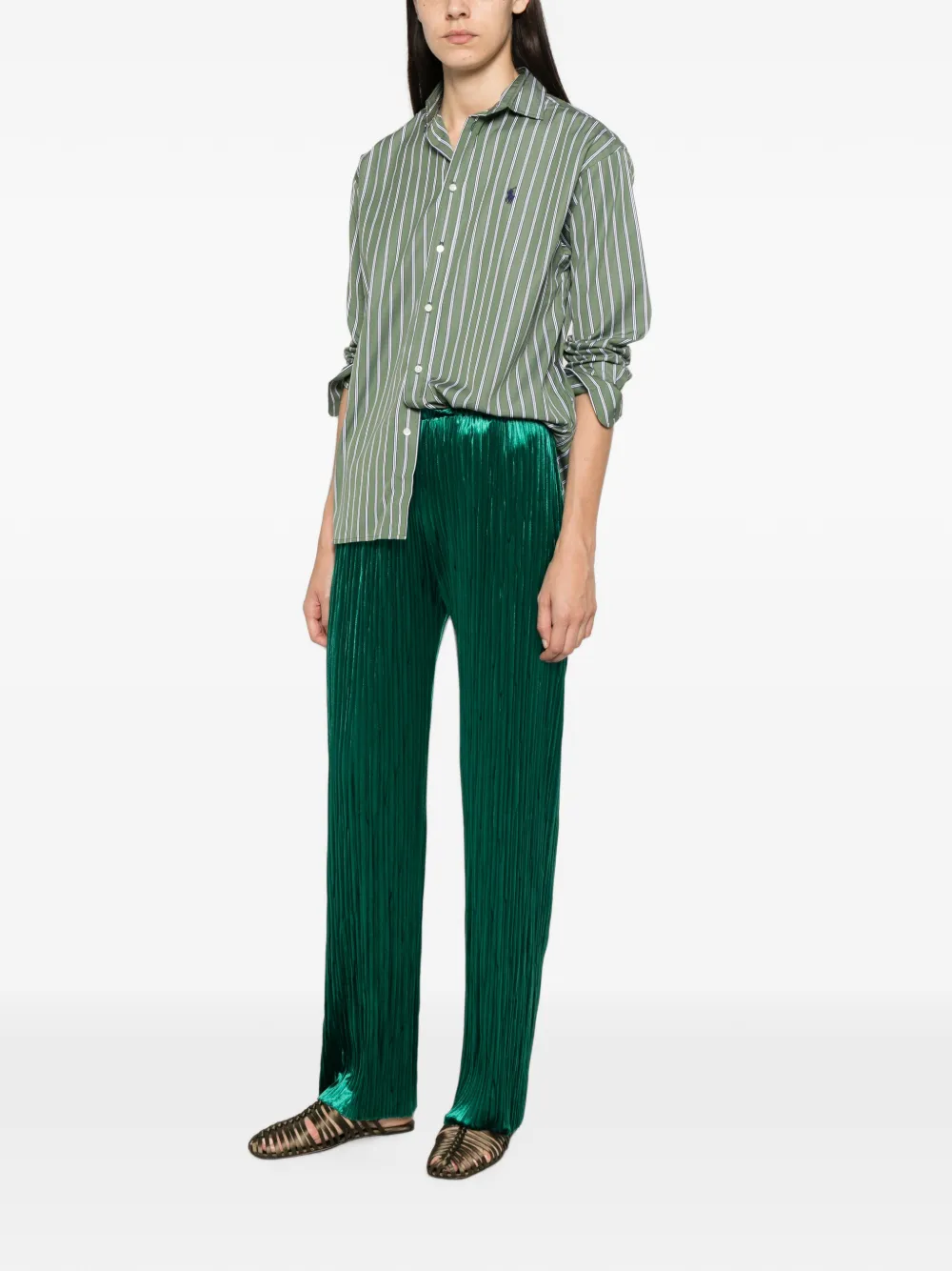 Forte Geplooide broek met satijnen afwerking Groen