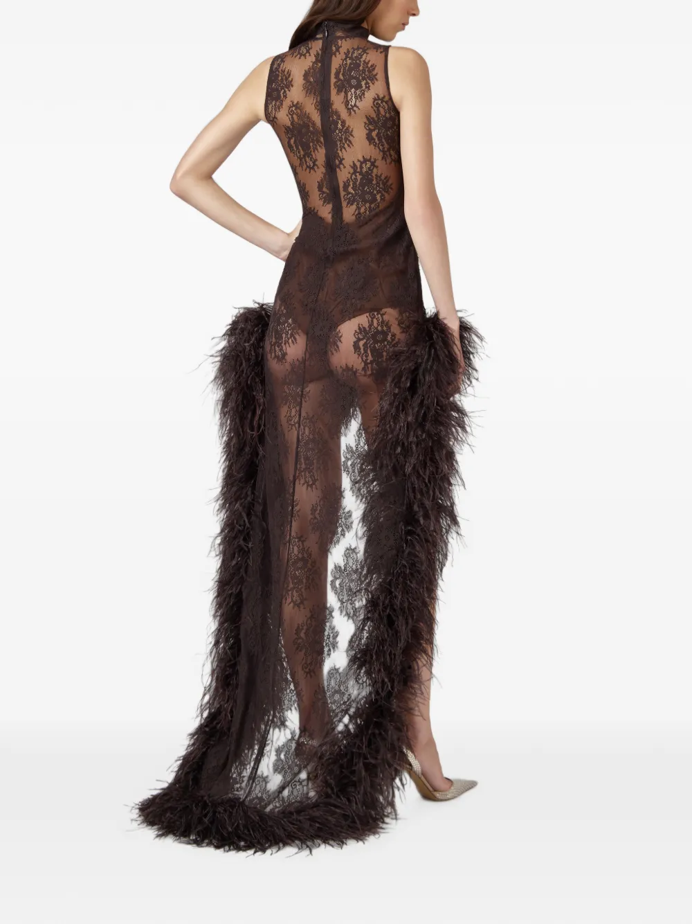 Giuseppe Di Morabito Asymmetrische jurk met veren en kant Bruin