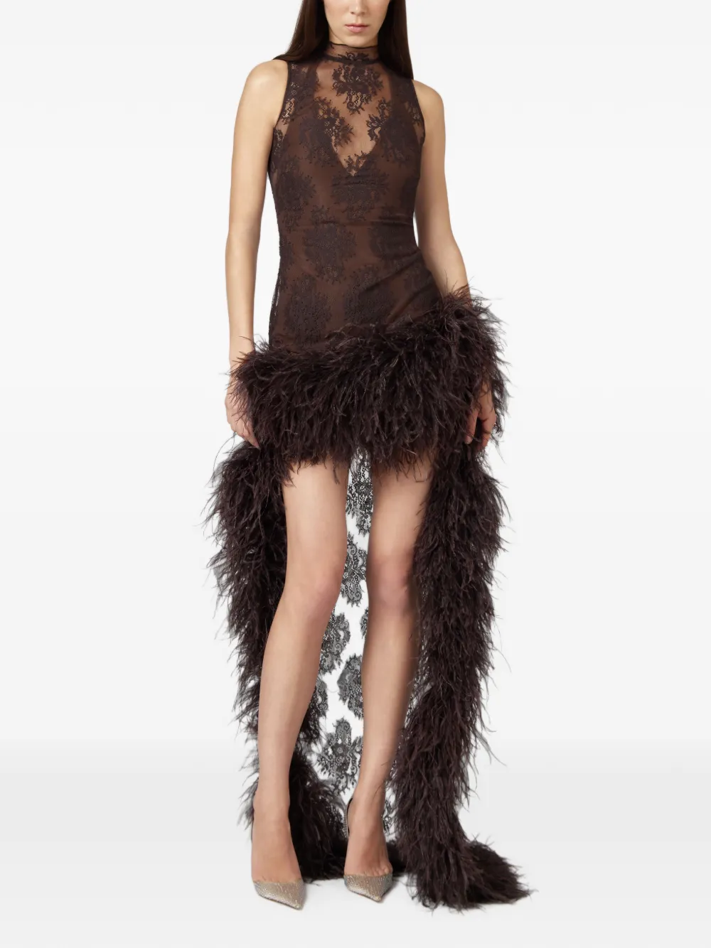 Giuseppe Di Morabito Asymmetrische jurk met veren en kant Bruin