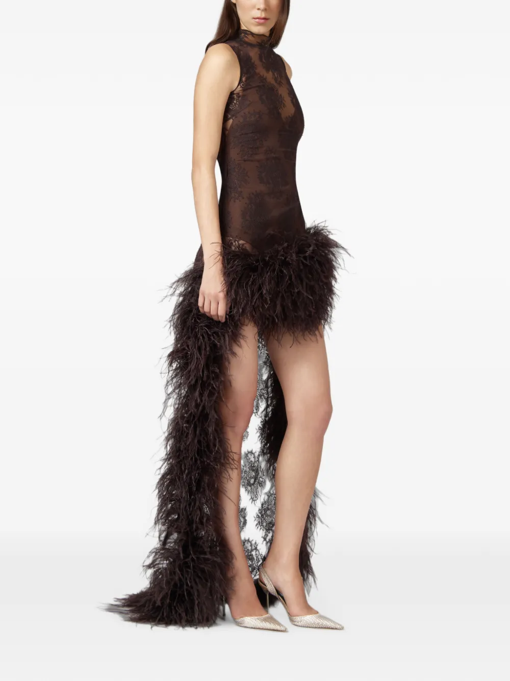 Giuseppe Di Morabito Asymmetrische jurk met veren en kant Bruin