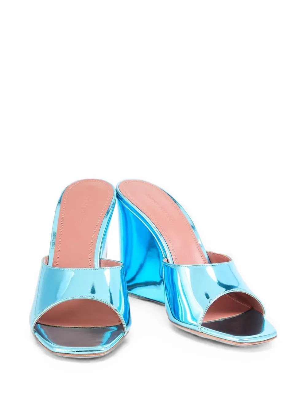Amina Muaddi Lupita mirrored-leather wedge mules Blauw