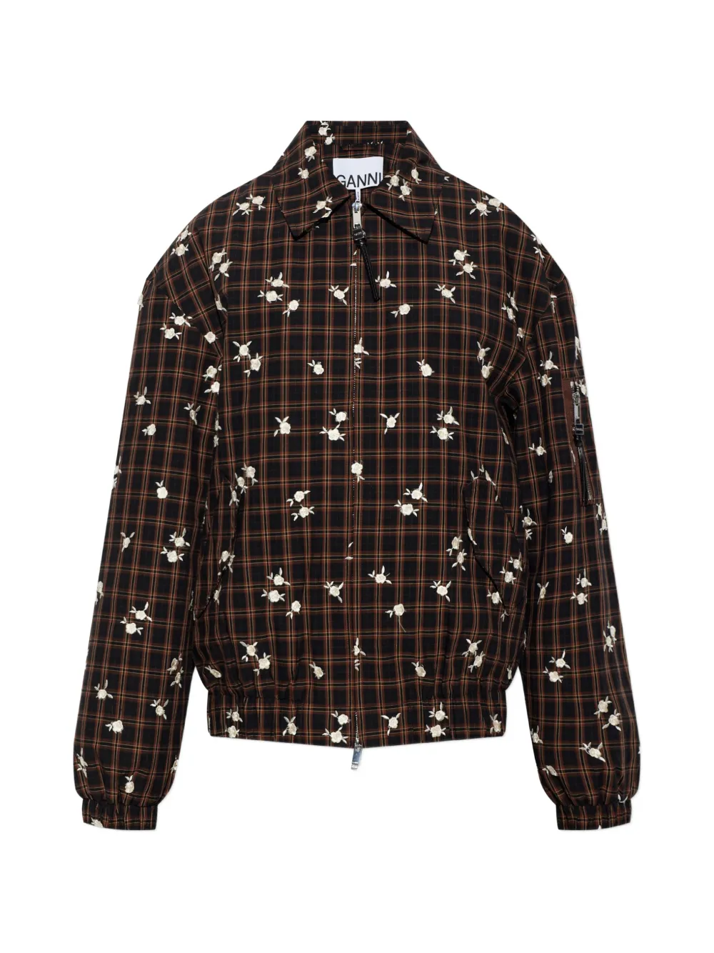 GANNI check floral-embroidered jacket - Marrone