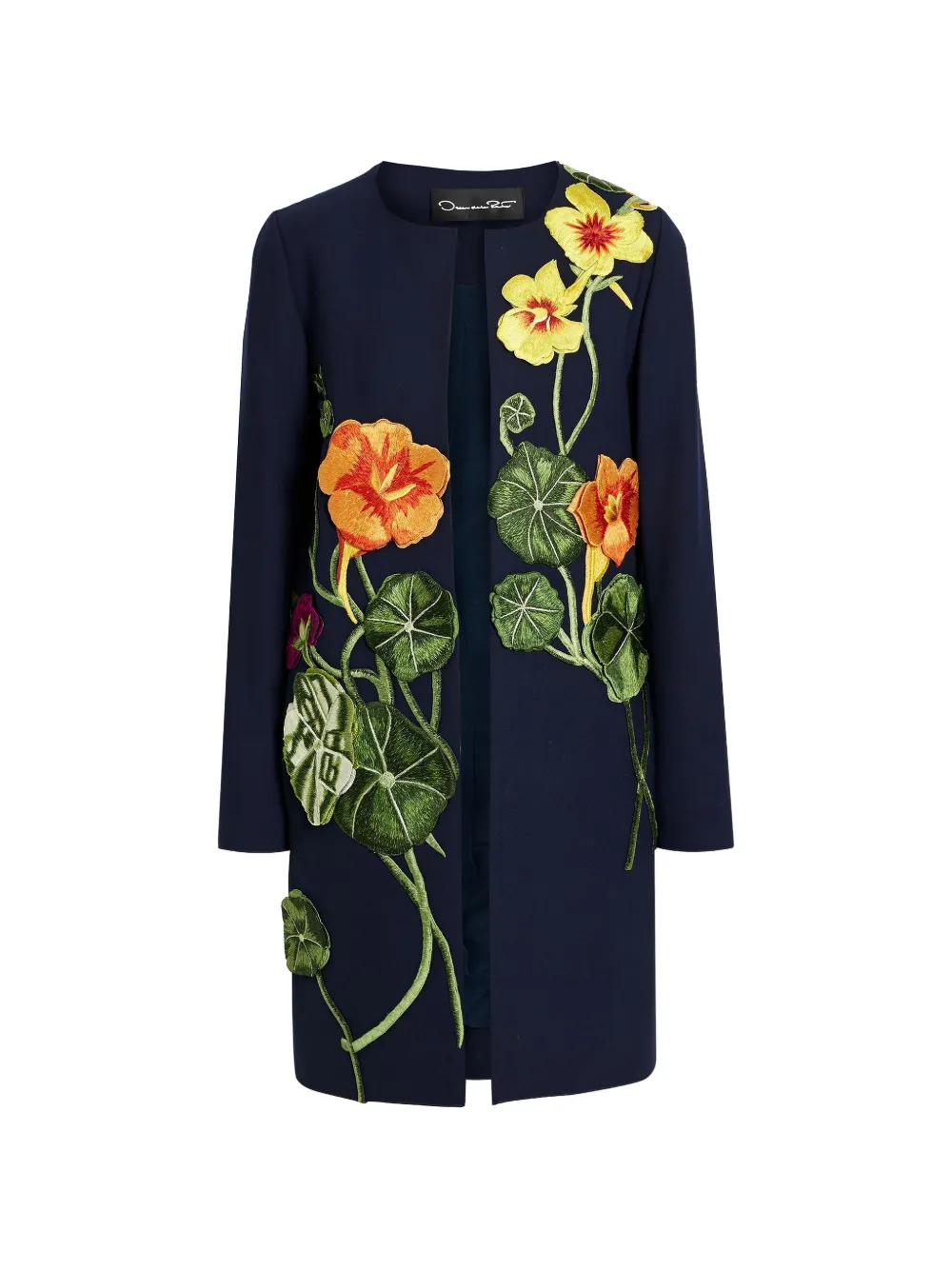 Oscar de la Renta floral-appliquéd grain de poudre coat - Blue