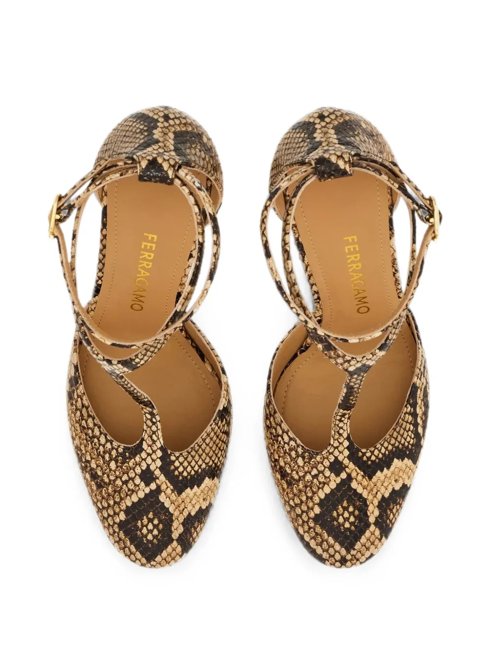 Ferragamo snake-effect T-bar pumps Beige
