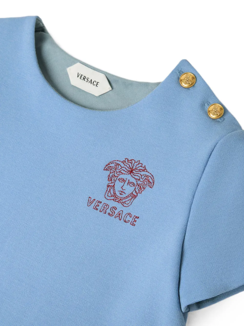 Versace Kids Jurk met Medusa-borduurwerk en schouderknoop Blauw