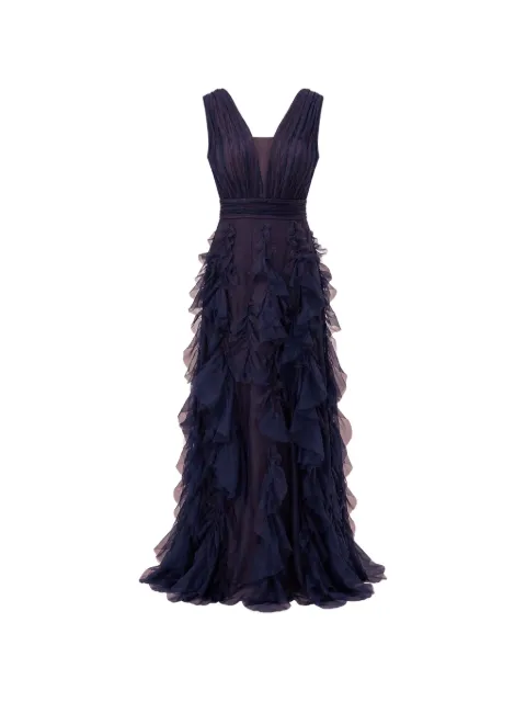 Marchesa Notte vestido largo con volantes de organza de seda