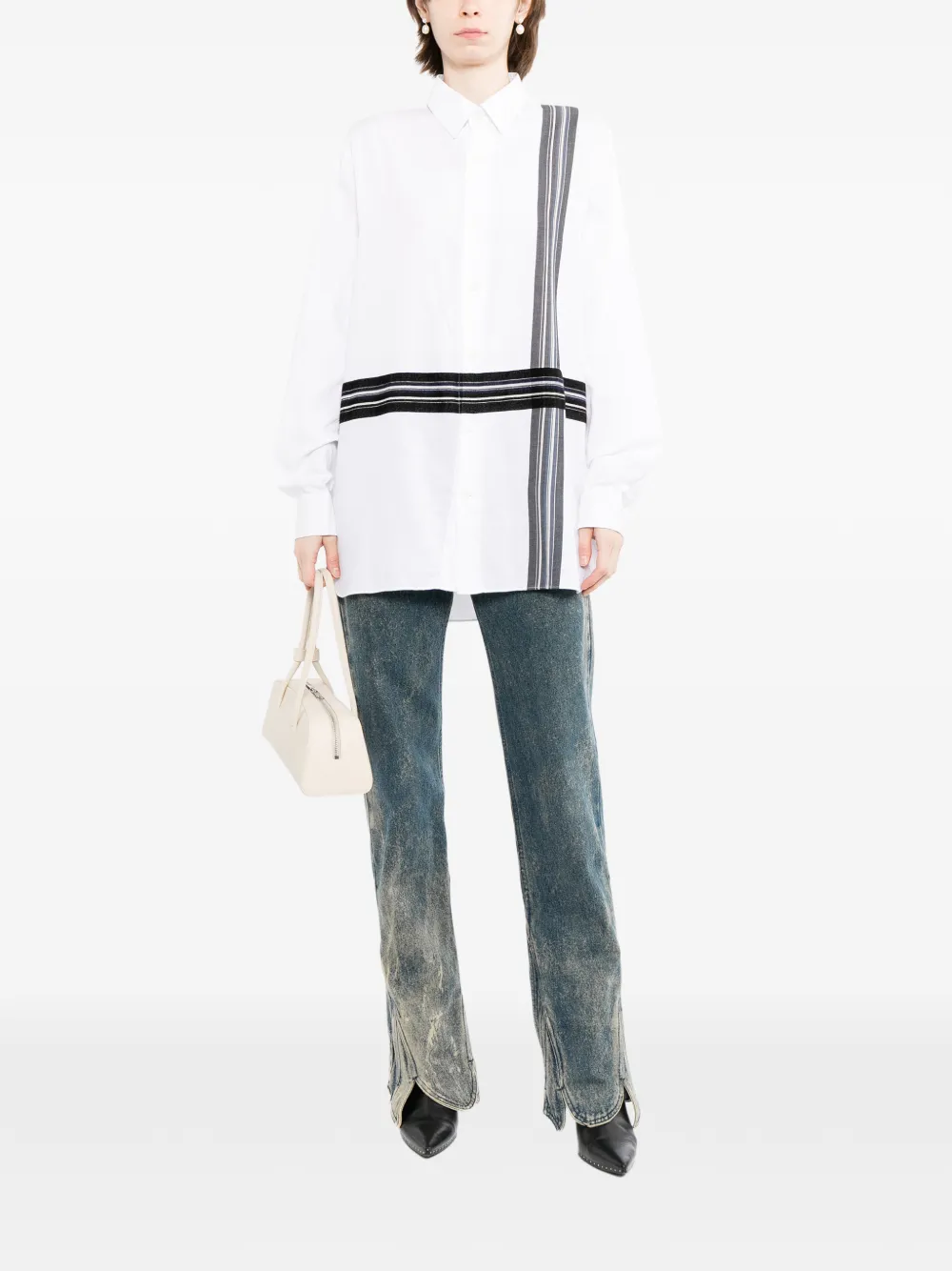 Ports V Shirt met streep-print Wit