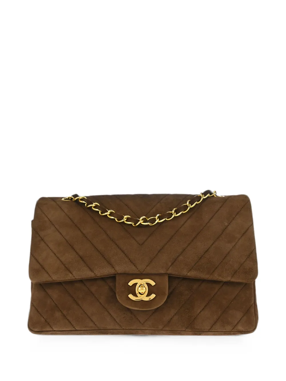 CHANEL Pre-Owned 1990 Chevron Classic Schultertasche mit Doppelklappe - Braun