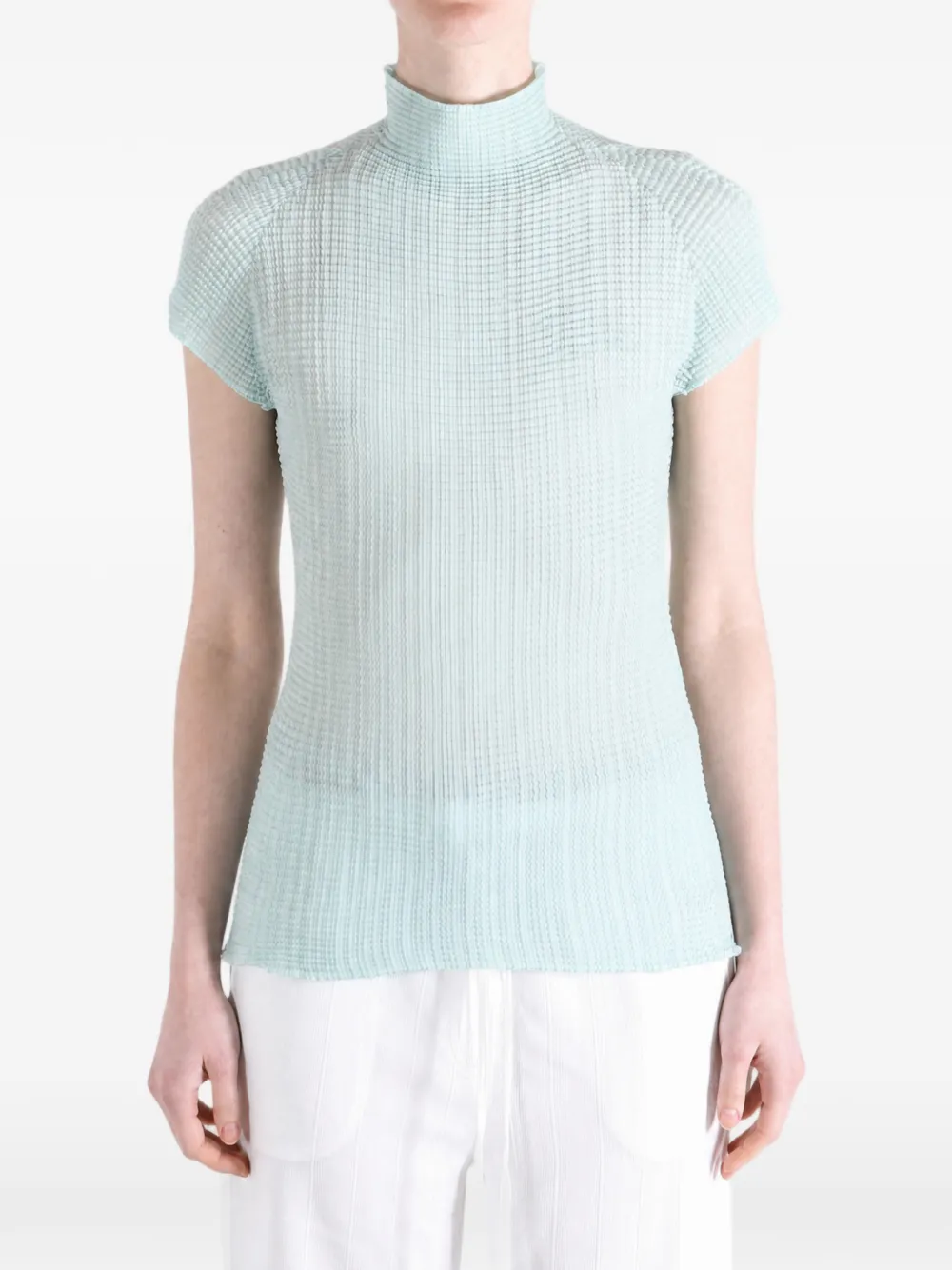 Issey Miyake Wooly Pleats-68 top met hoge hals en plooien Blauw