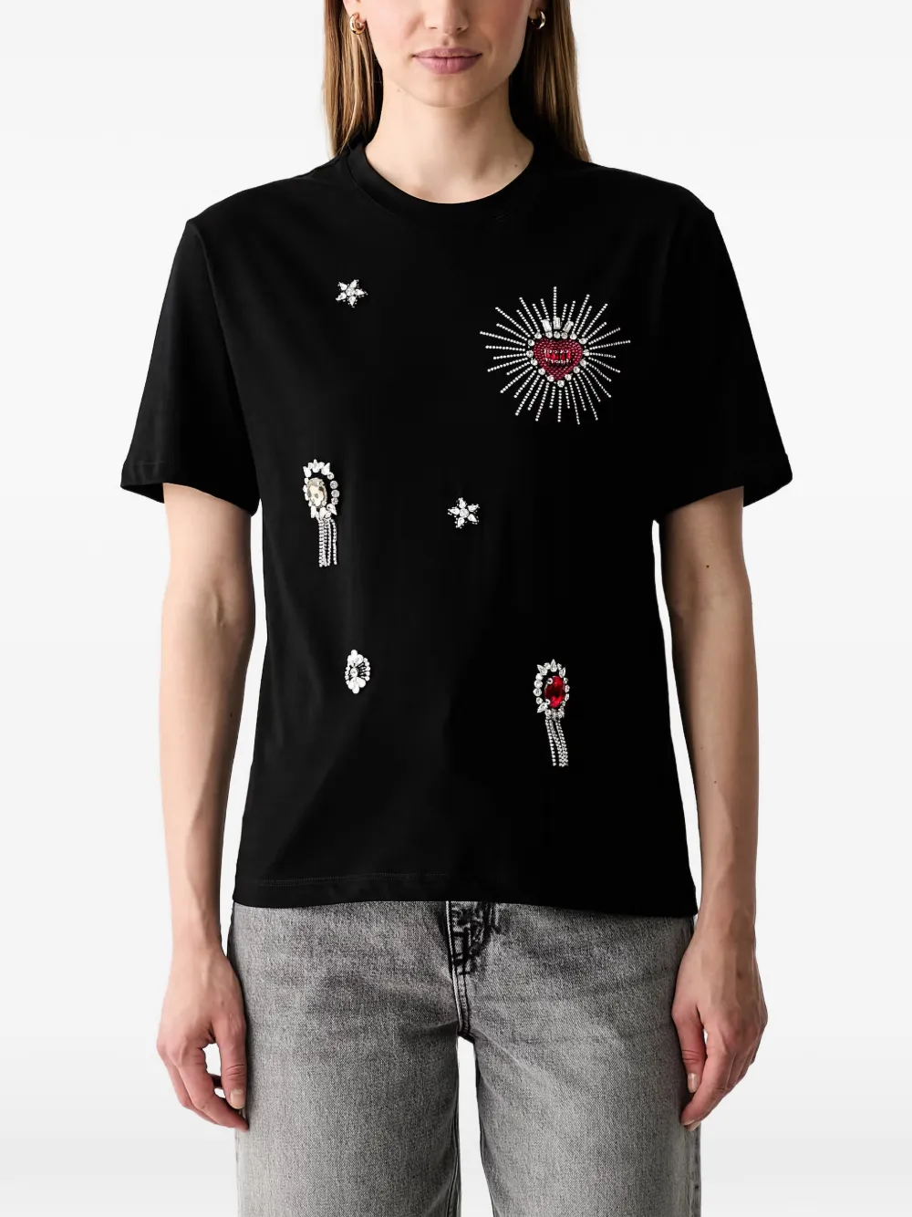 LIU JO crystal-embellished heart-motif T-shirt - Nero