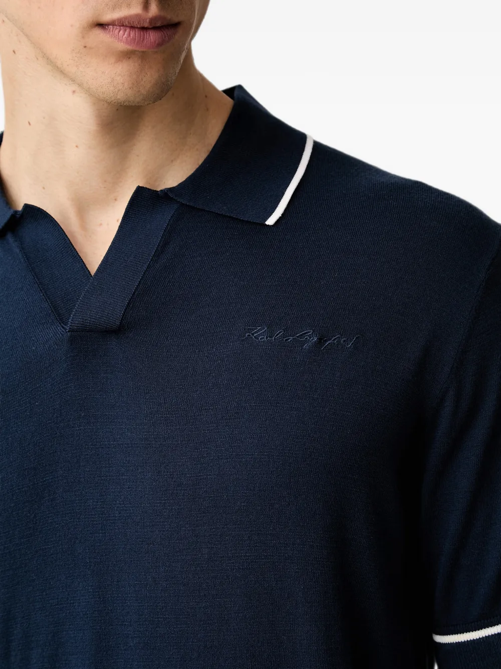 Karl Lagerfeld contrast-trim logo-embroidered polo shirt Blauw