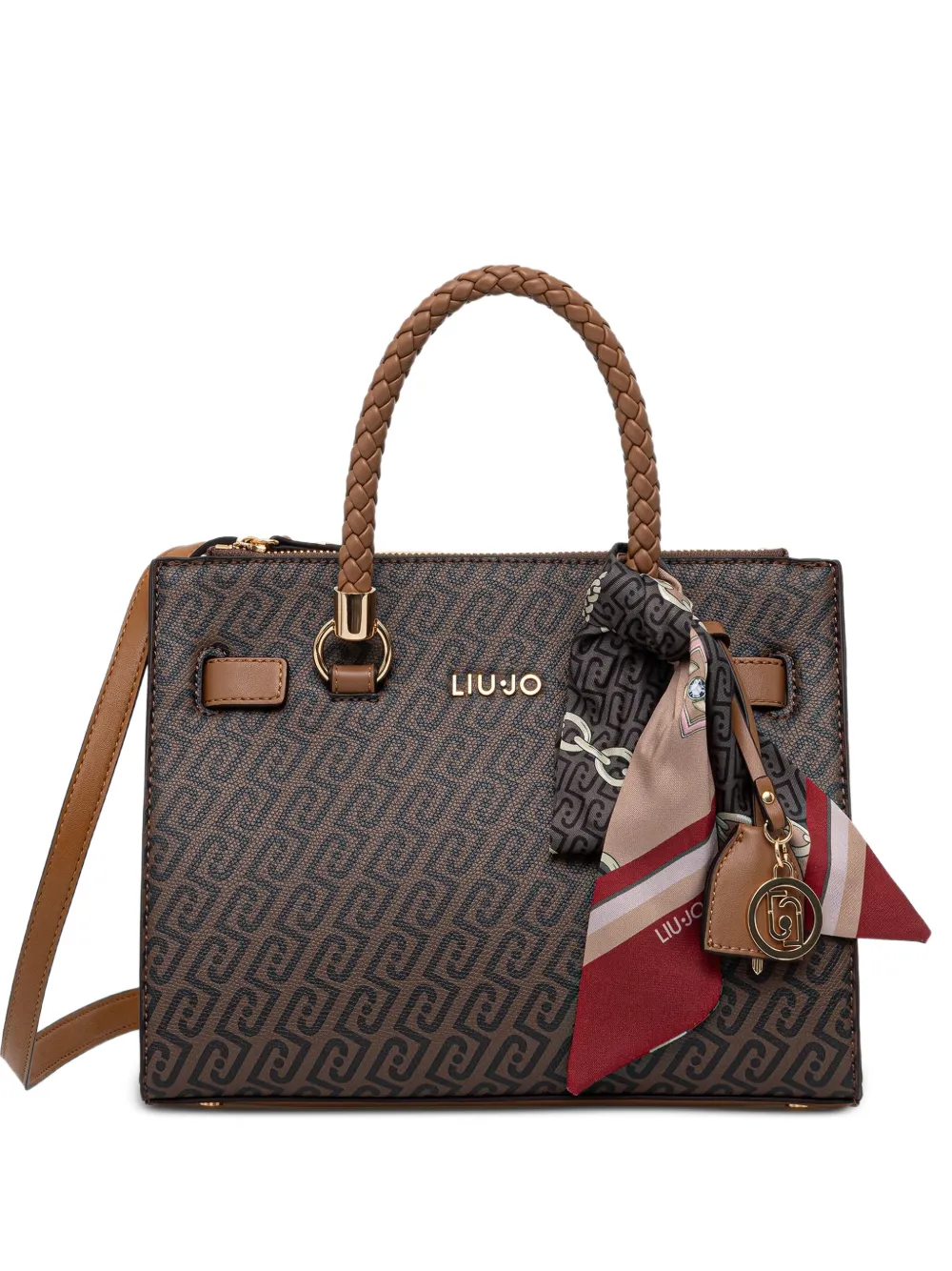 LIU JO monogram-pattern scarf-detail tote bag - Marrone