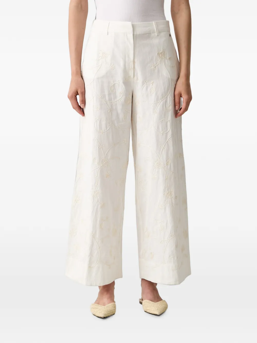 Pedro Del Hierro Floral-embroidered Wide-leg Trousers In White