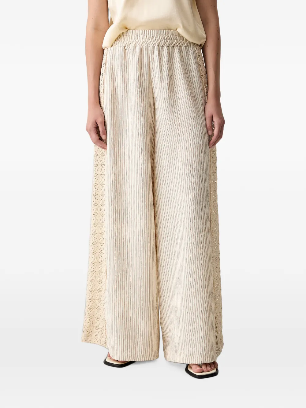 Vicolo Stripe-pattern Lace-trim Palazzo Pants In Neutral