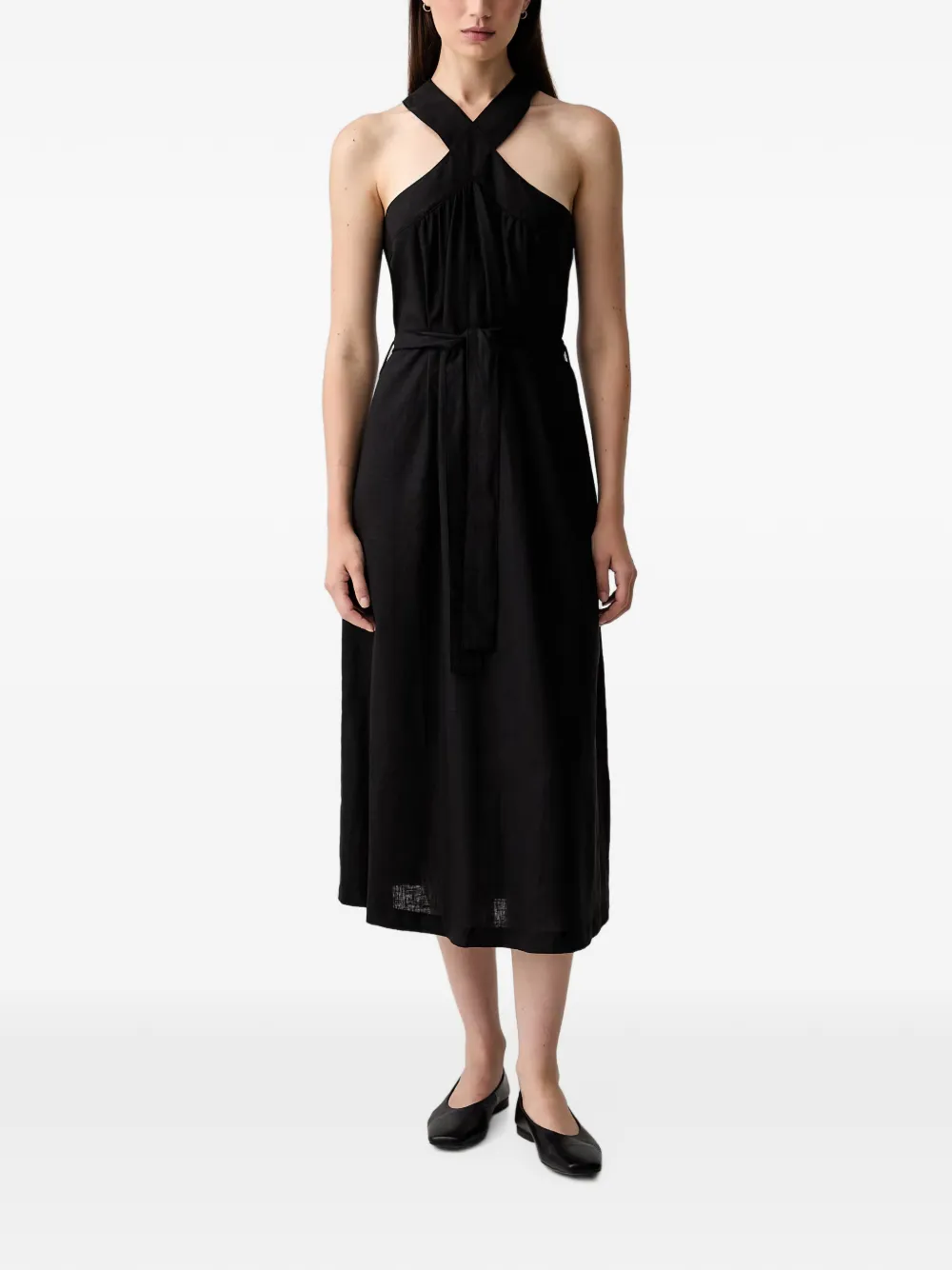 Vicolo Crossover-strap Belted Midi Dress In Black