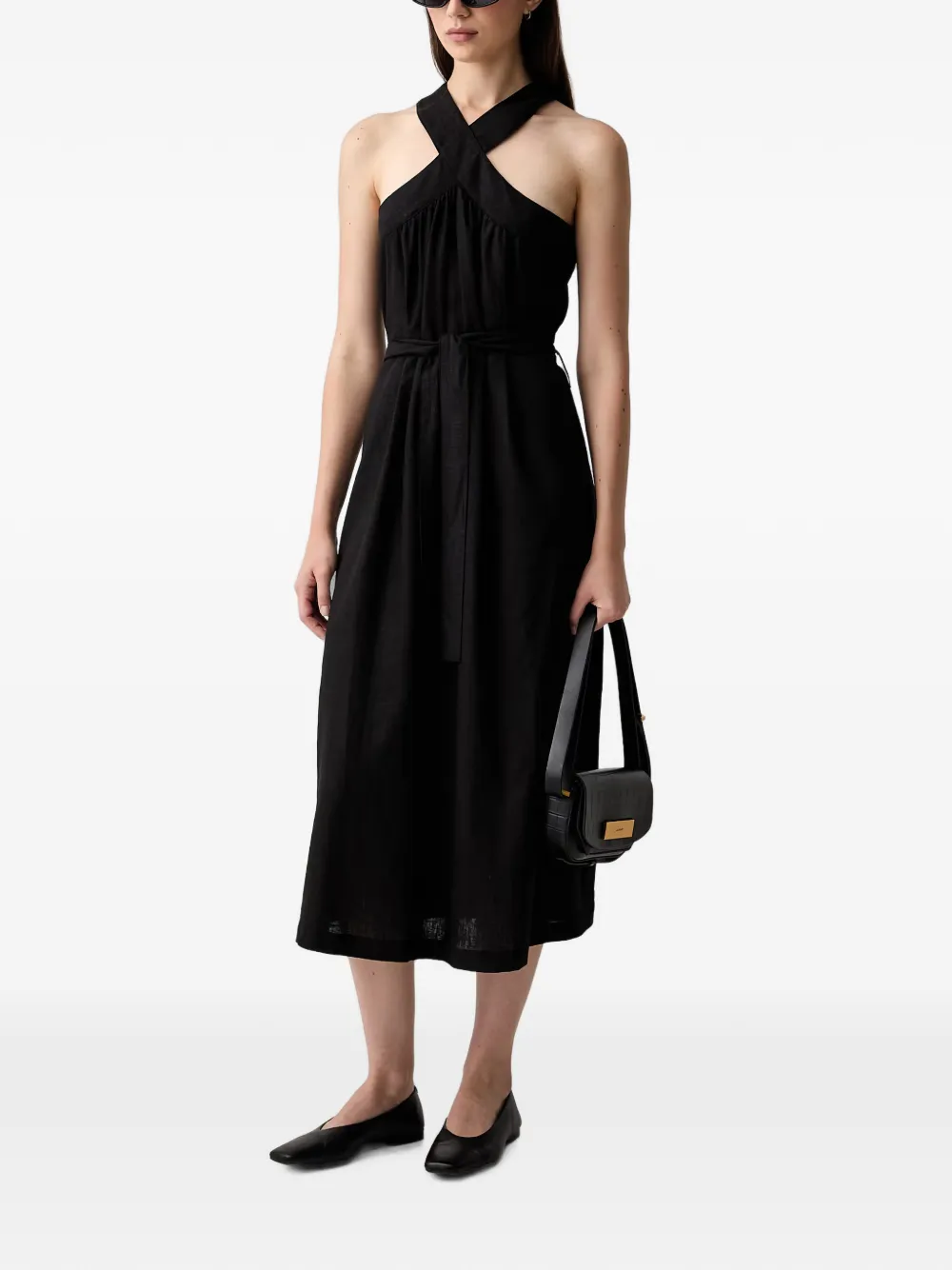 VICOLO crossover-strap belted midi dress Zwart
