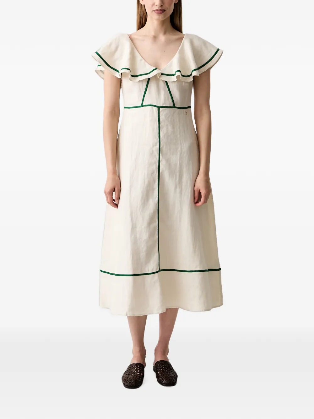 Pedro Del Hierro Ruffled Contrast-trim Midi Dress In Neutral