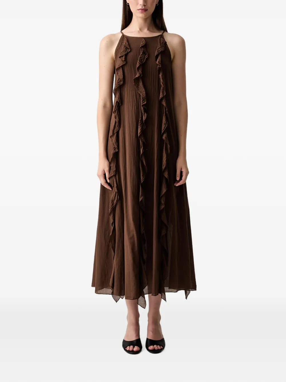 Vicolo Ruffle-trim Midi Dress In Brown