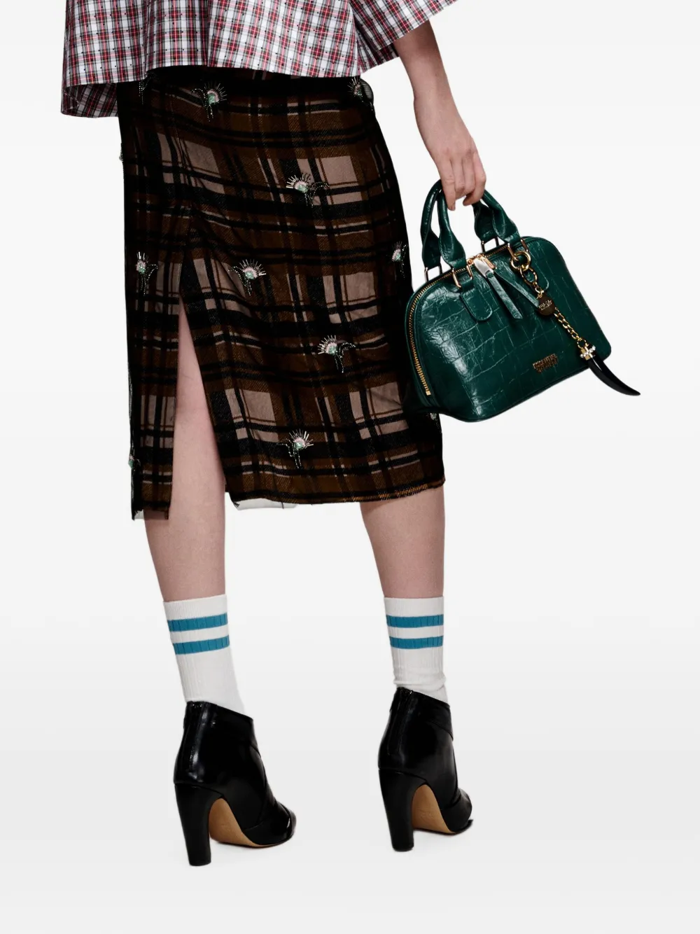 Essentiel Antwerp Kate checked floral-embellished midi skirt Bruin