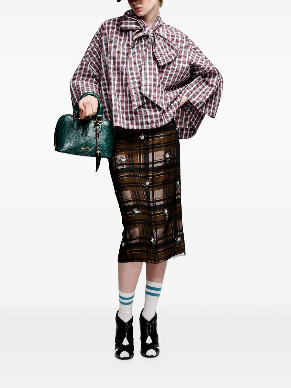 Essentiel Antwerp Kate checked floral-embellished midi skirt Bruin