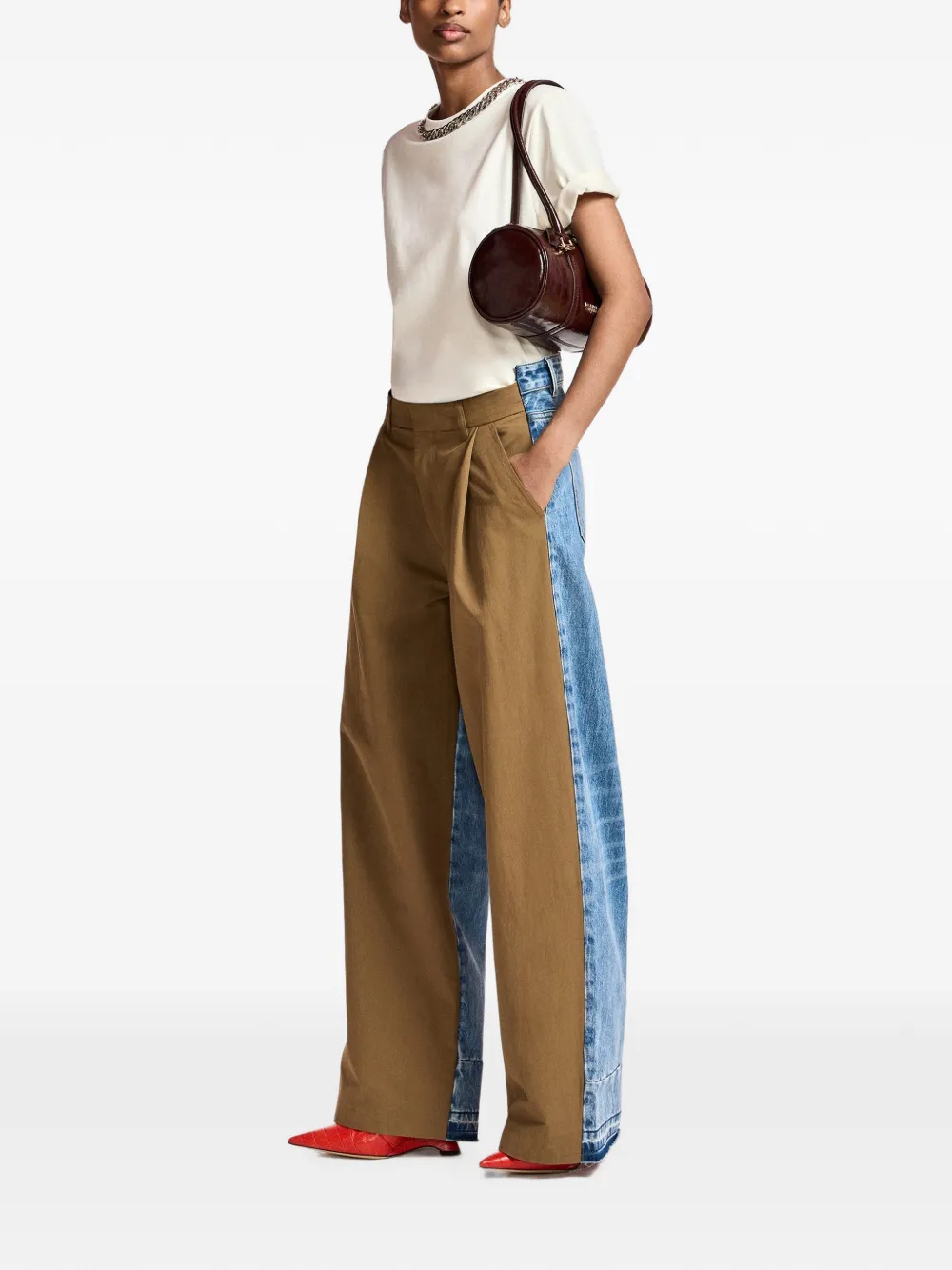 Essentiel Antwerp Krisp broek met wijde pijpen en denim vlak Bruin