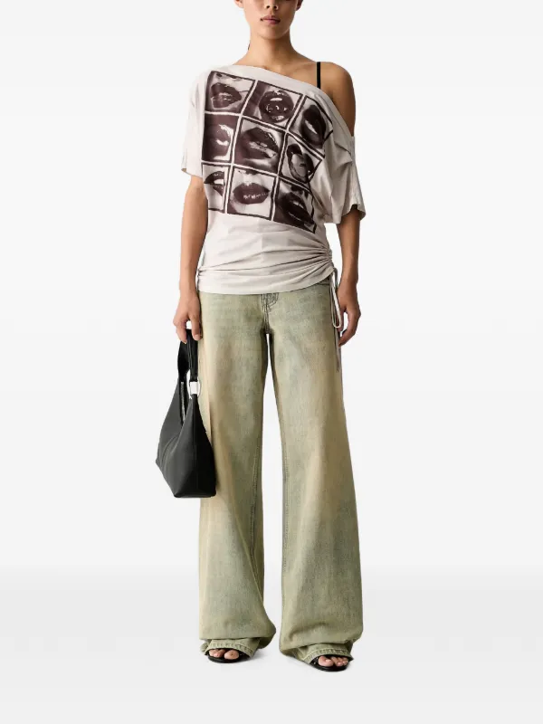 Miss Sixty graphic-print off-shoulder T-shirt | Neutrals | FARFETCH