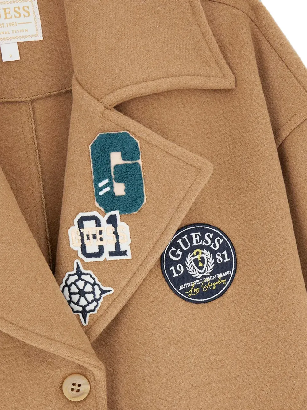 guess kids logo-patch notched-lapels coat Beige