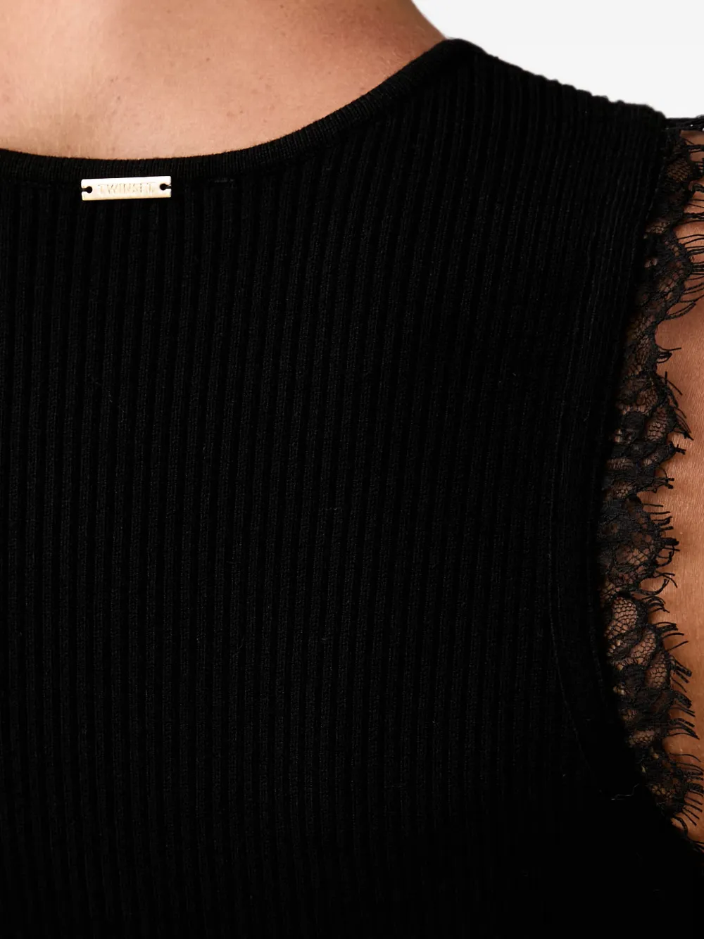 TWINSET Ribgebreide midi-jurk met kanten afwerking Zwart