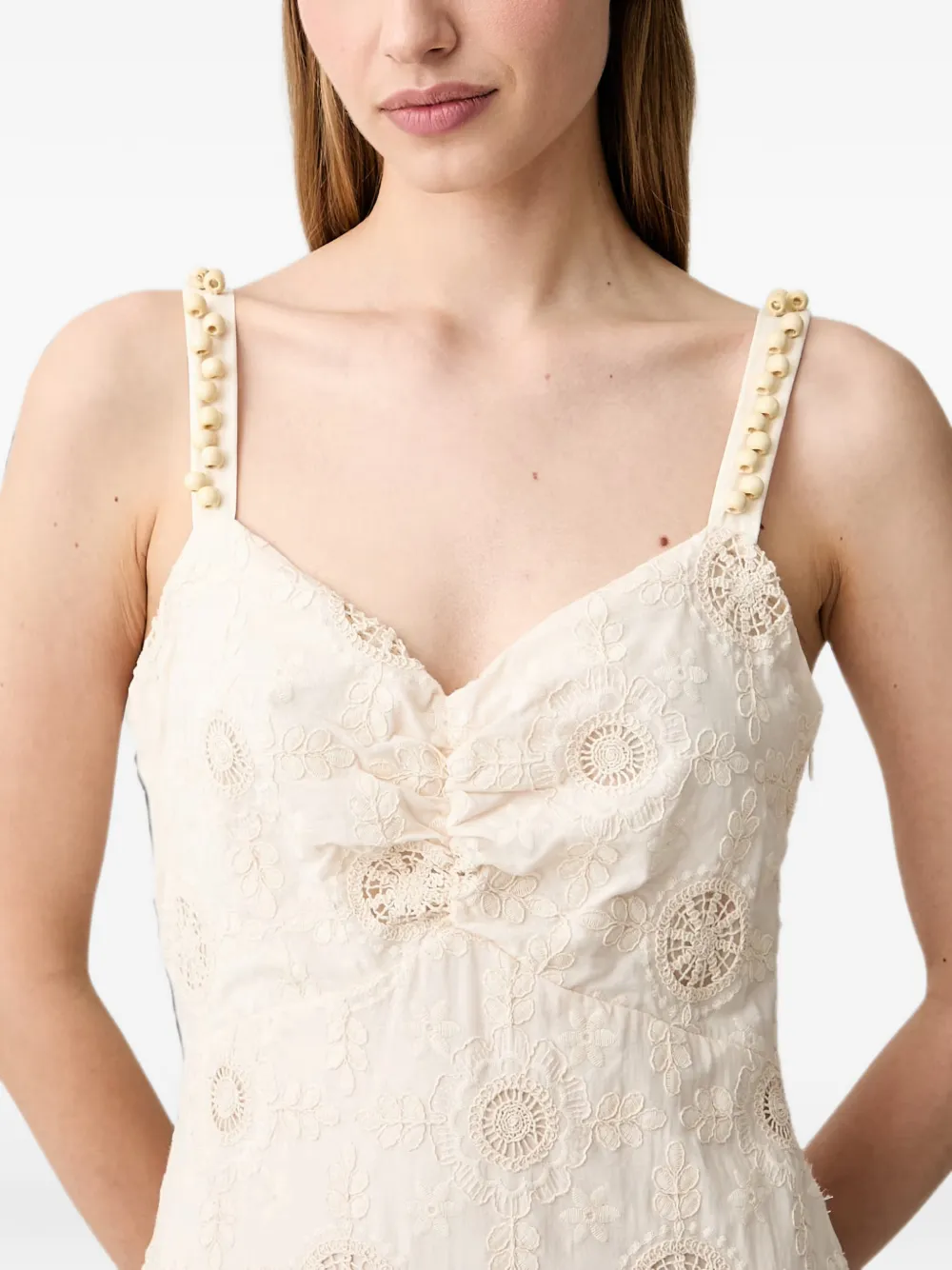 Pedro Del Hierro beaded-strap embroidered maxi dress Beige