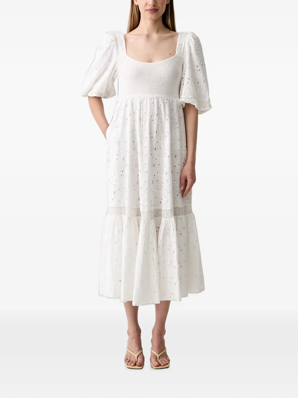 Pedro Del Hierro Broderie-anglaise Smocked Midi Dress In White