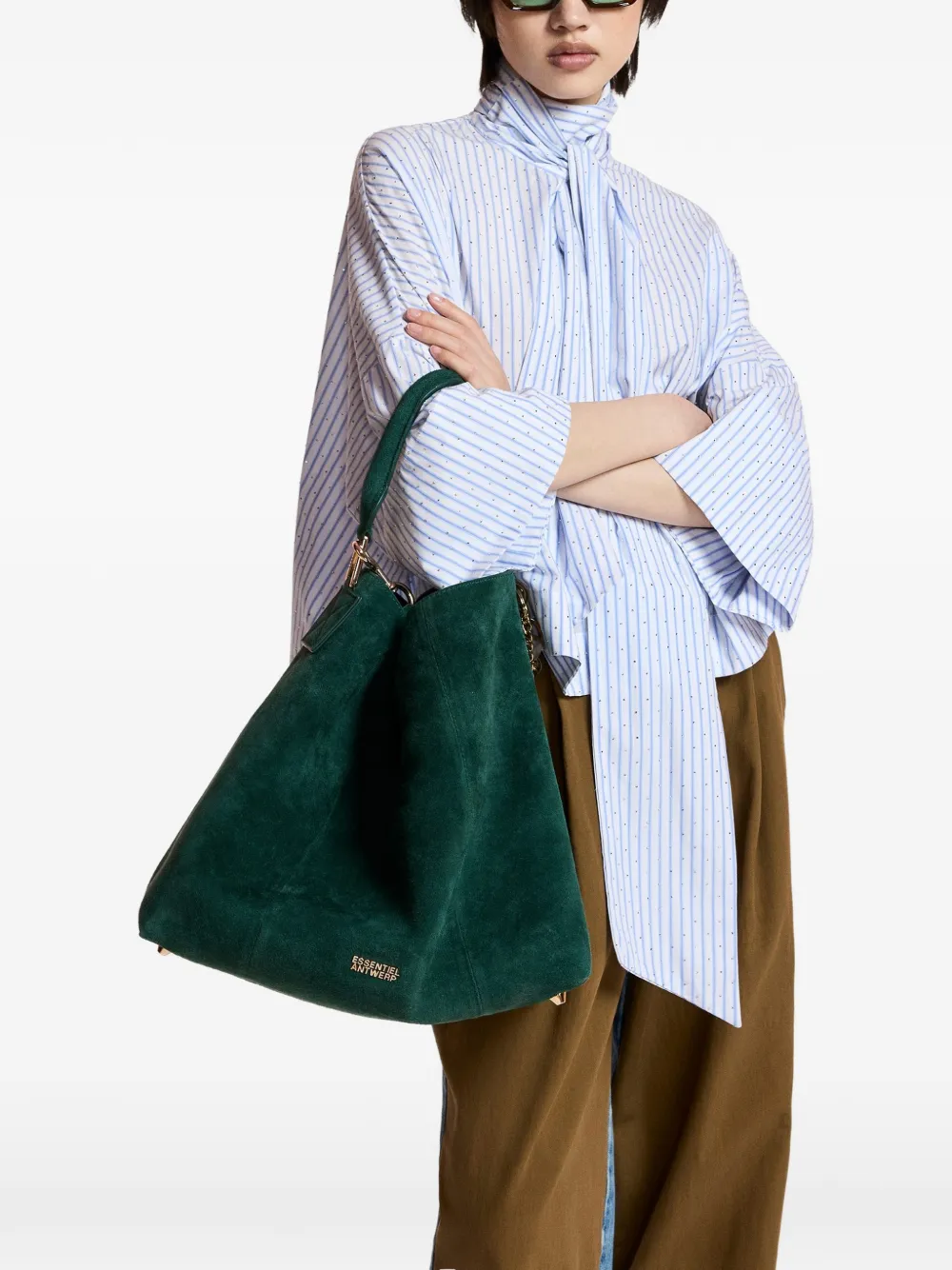 Essentiel Antwerp Kefir blouse met strik en trompetmouwen Blauw