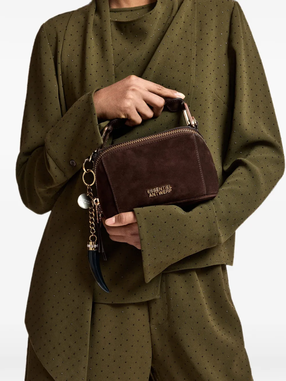 Essentiel Antwerp Kyla suède mini-schoudertas Bruin