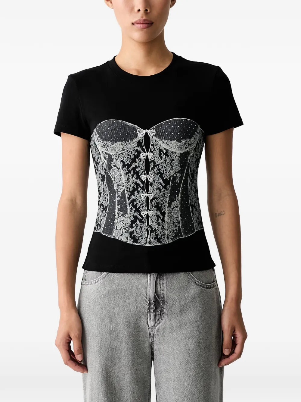 Miss Sixty corset-print beaded T-shirt - Nero
