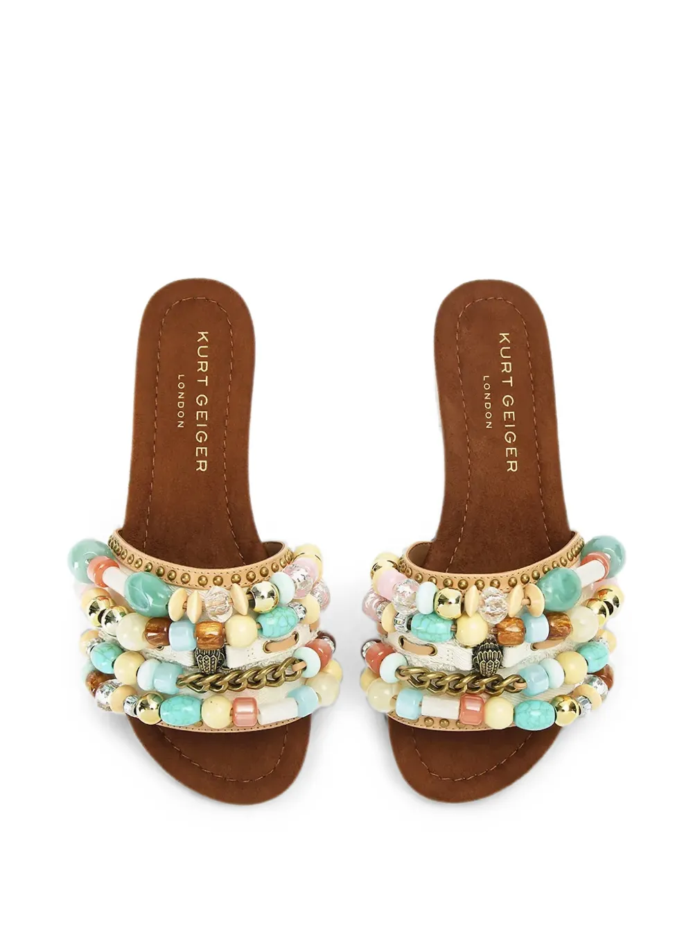 Kurt Geiger London bead-embellished Eagle-plaque slides Beige