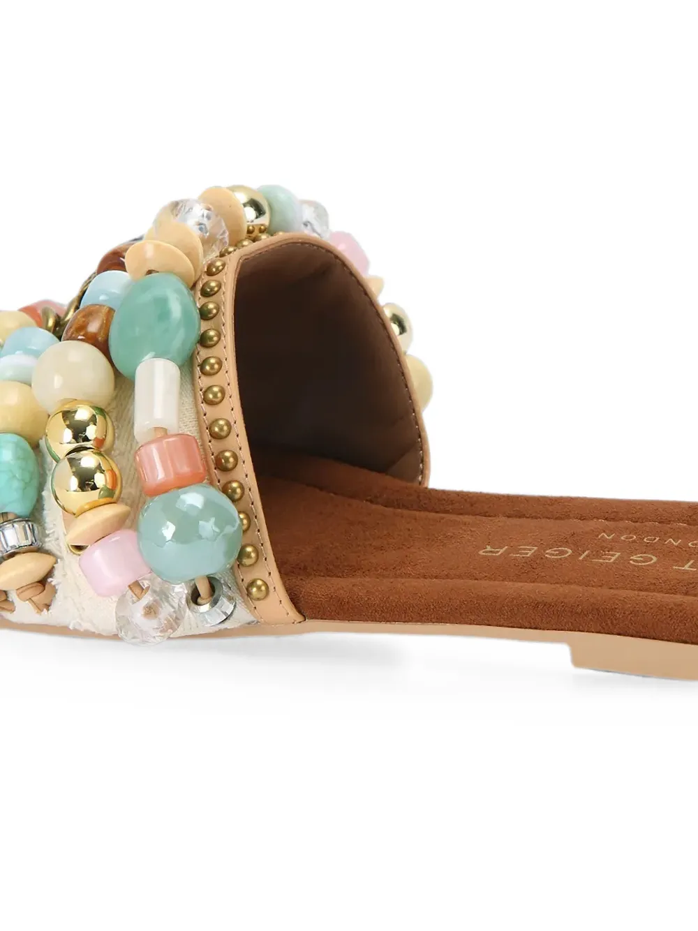 Kurt Geiger London bead-embellished Eagle-plaque slides Beige