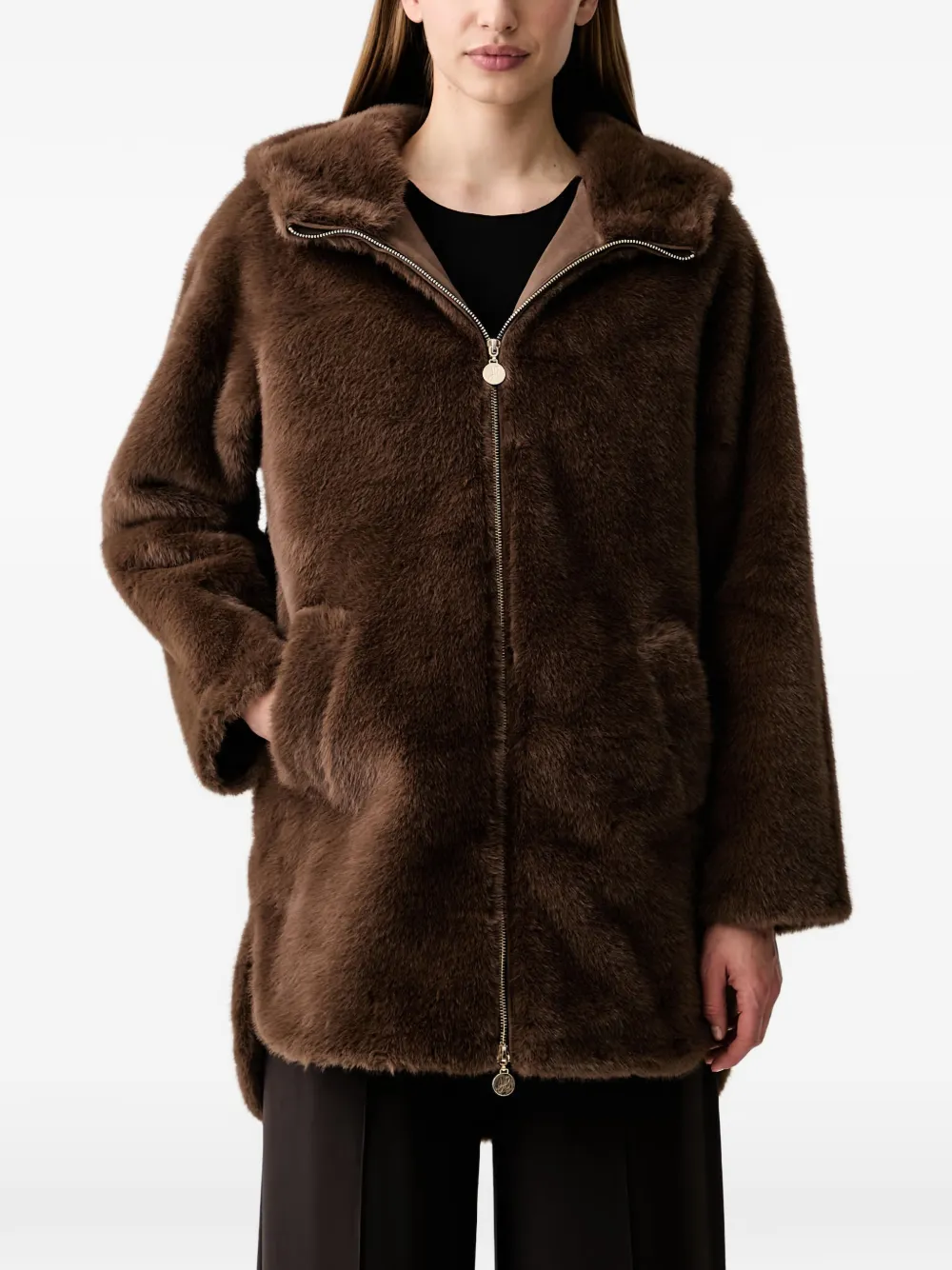 Joseph Ribkoff Faux-fur Hooded Jacket In Brown