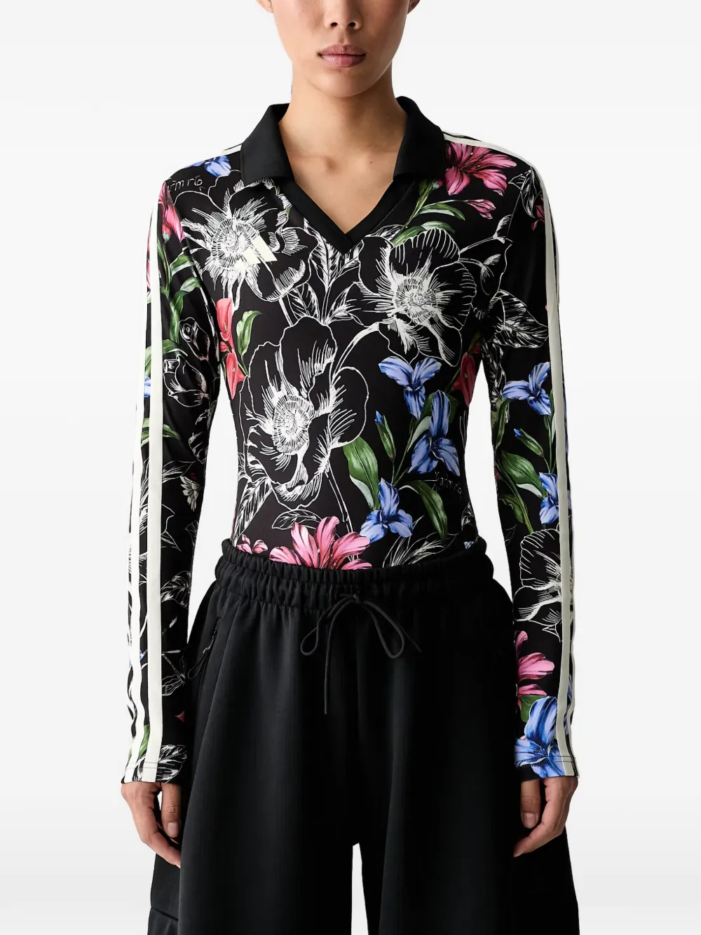 adidas floral-print side-stripe bodysuit Zwart