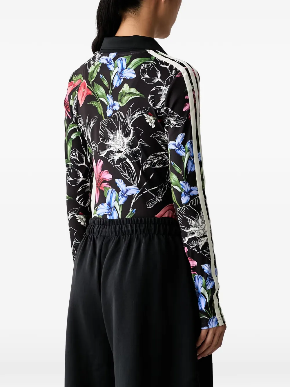 adidas floral-print side-stripe bodysuit Zwart