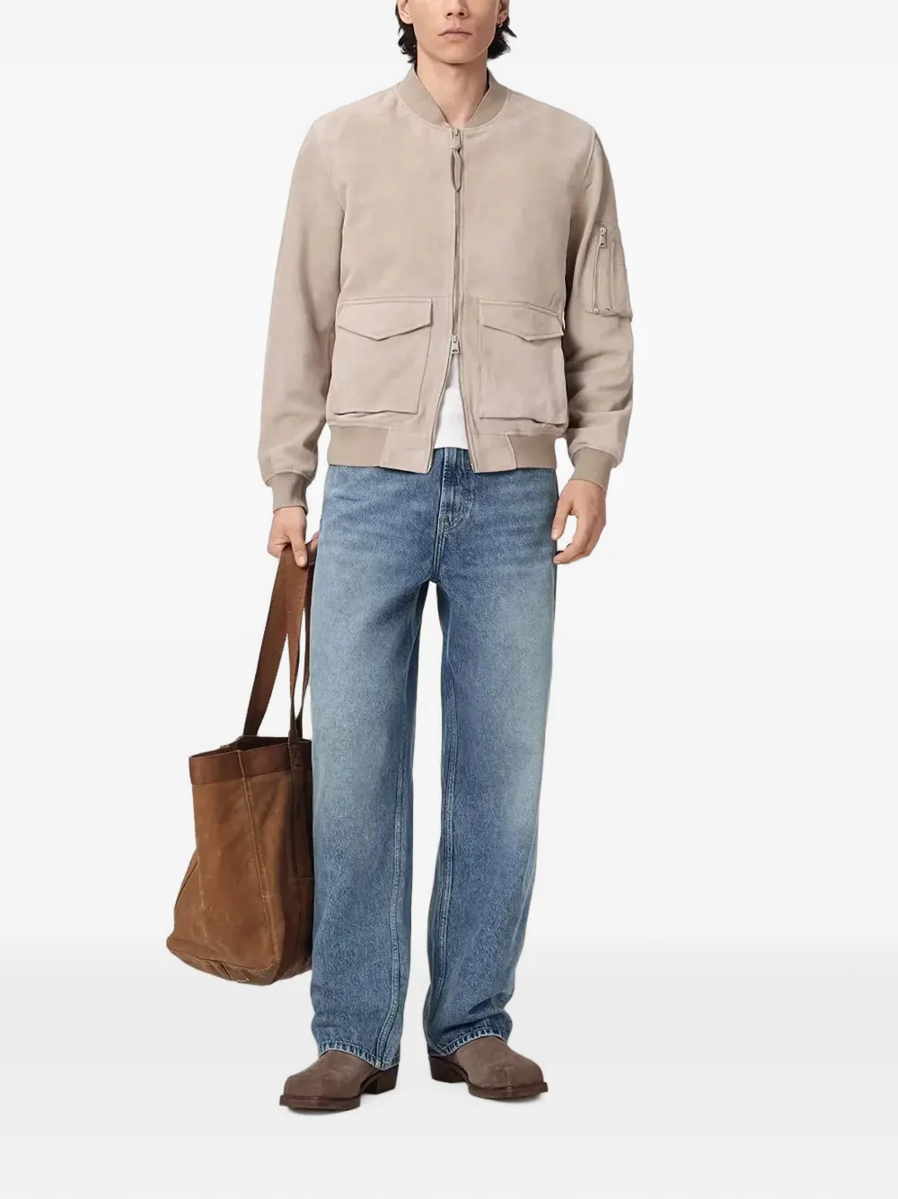 AllSaints suede-finish zip-up bomber jacket Beige