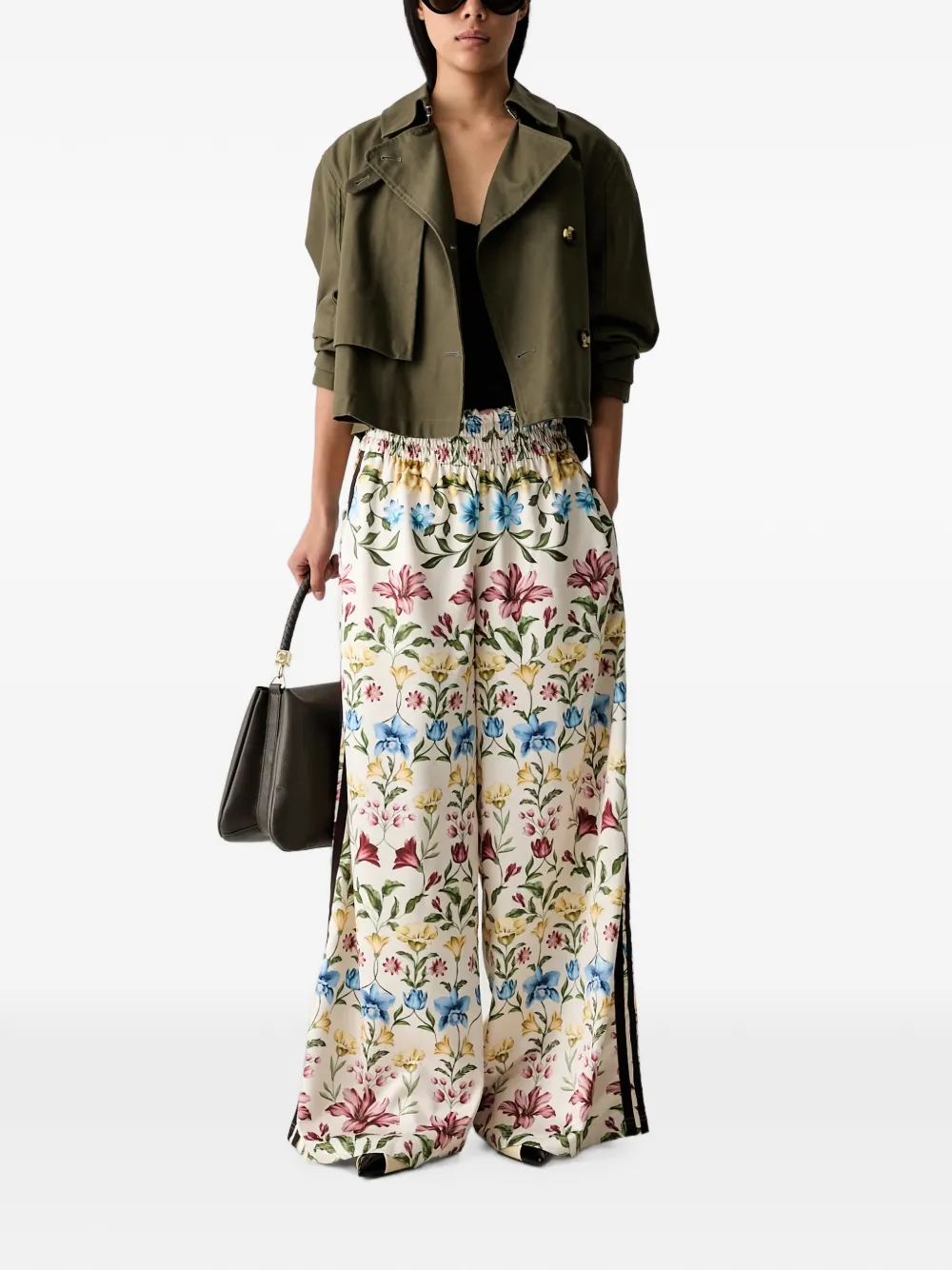 adidas floral-print side-stripe palazzo pants Beige