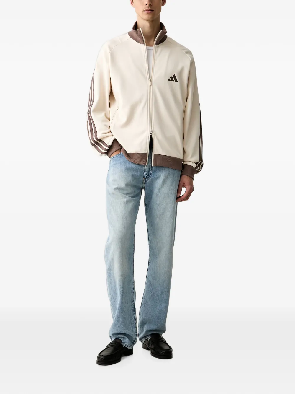 adidas logo-embroidered striped-sleeve zip-up sweatshirt Beige