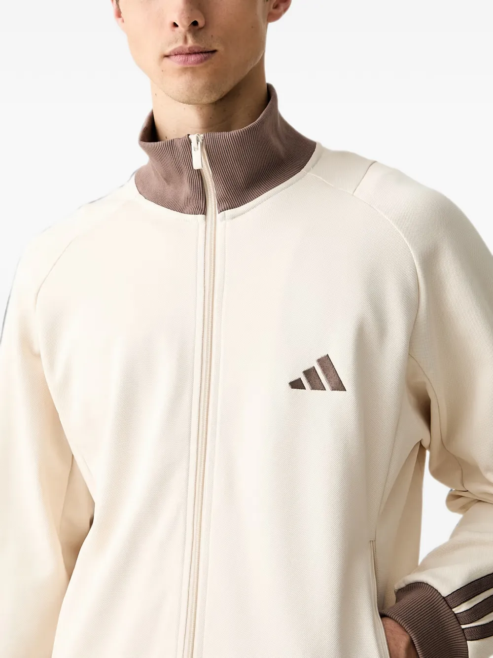 adidas logo-embroidered striped-sleeve zip-up sweatshirt Beige